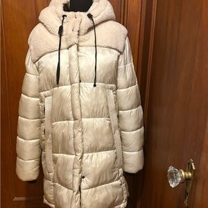 Koolaburra Cream Puffer Jacket with Hood and Long Length, like new.